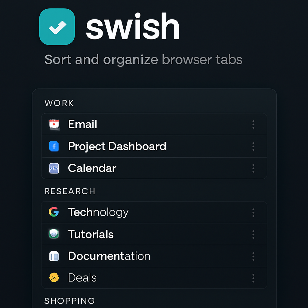 swish extension showing organized, grouped browser tabs